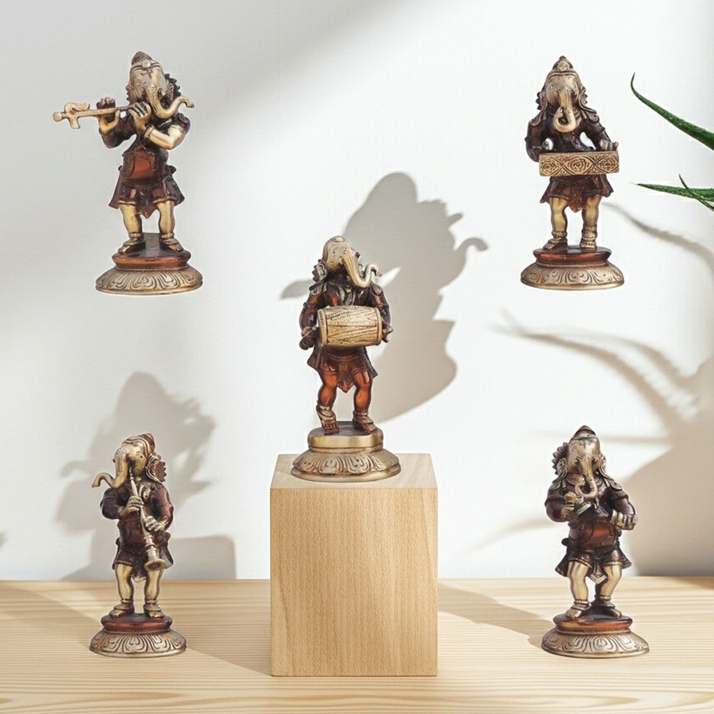 Brass Showpiece Musical Ganesh Set Of 5 Pcs. Statue (BSMAS1326 G)