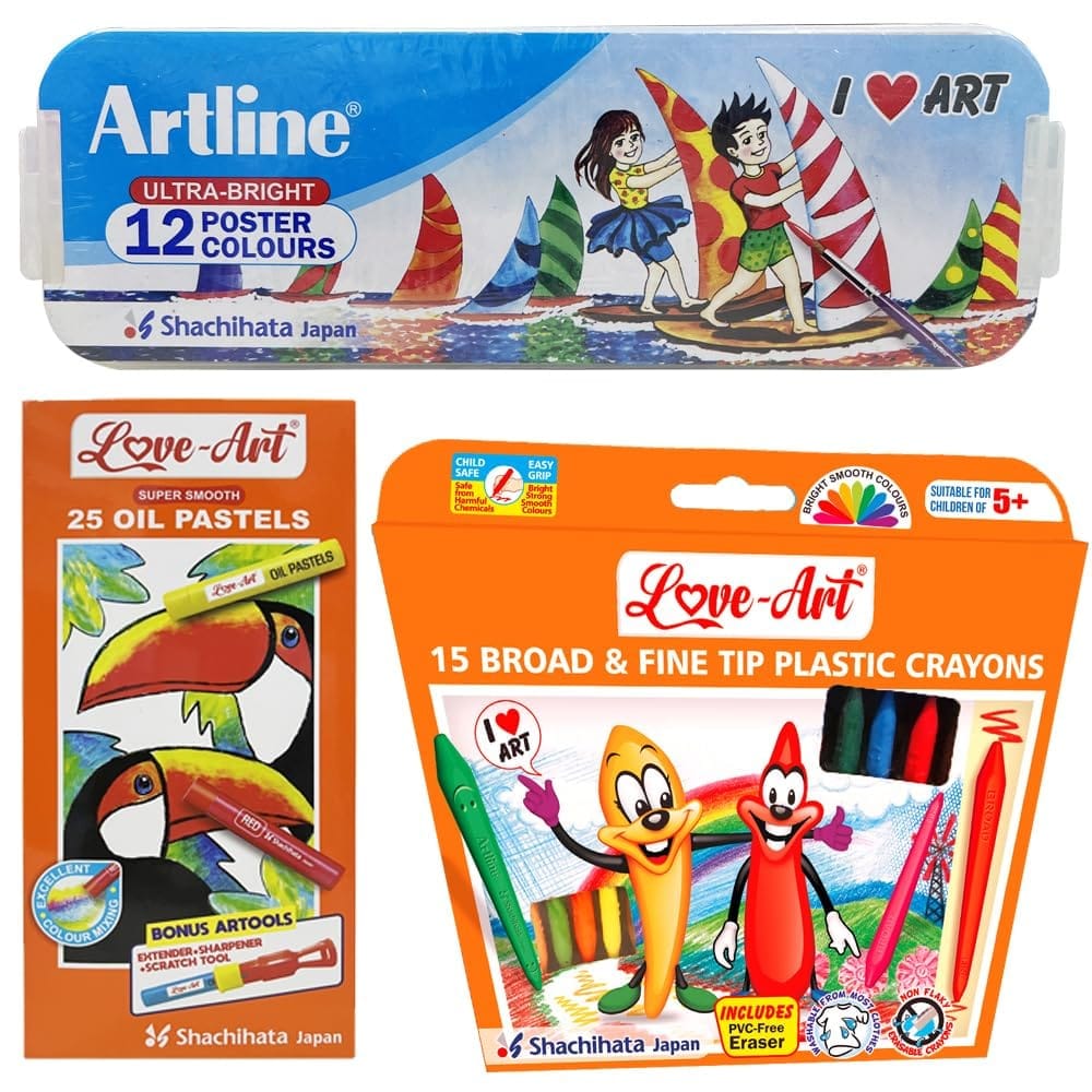 Artline Combo Pack: 25 Oil Pastels Set, 12 Poster Color Set and 15 Broad and Fine Tip Plastic Crayons Set