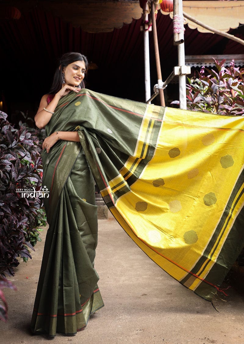 Utsaav ~ Raw Dupion Silk saree in Dark Olive Green and Pastel Yellow