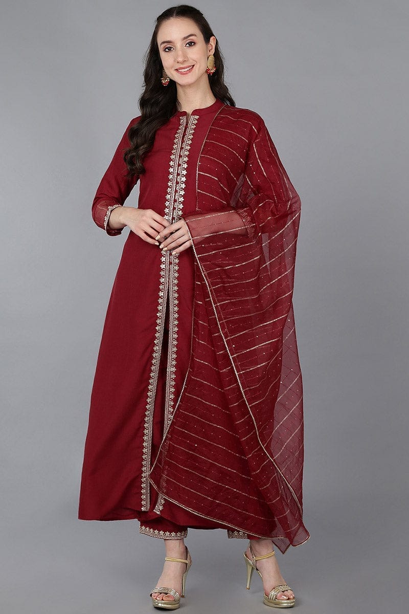 Red Silk Blend Solid A-Line Kurta Trousers With Dupatta  PKSKD1697
