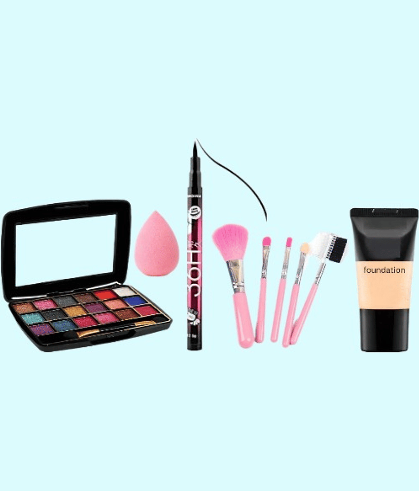 swenky eyeshadow with eyeliner foundation beauty blender puff & makeup brush (Pack of 5)
