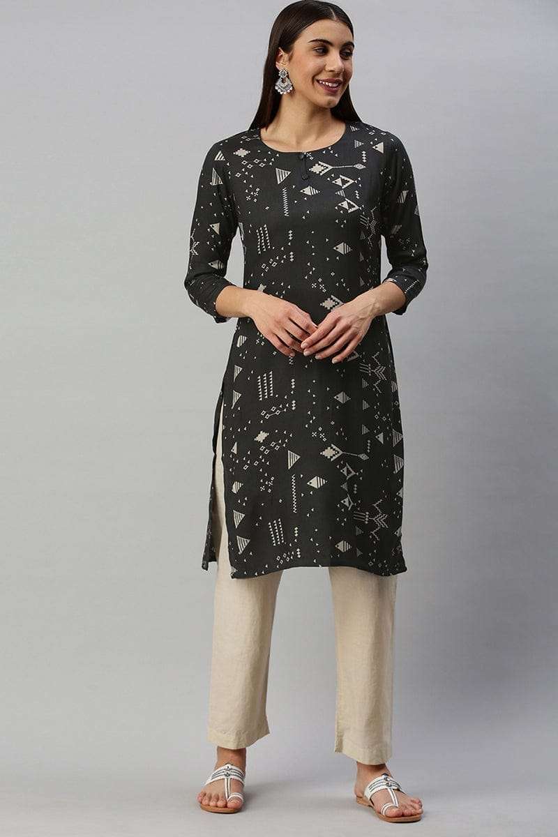Women Cotton Black Geometric Printed Straight Kurti VCKSL8289