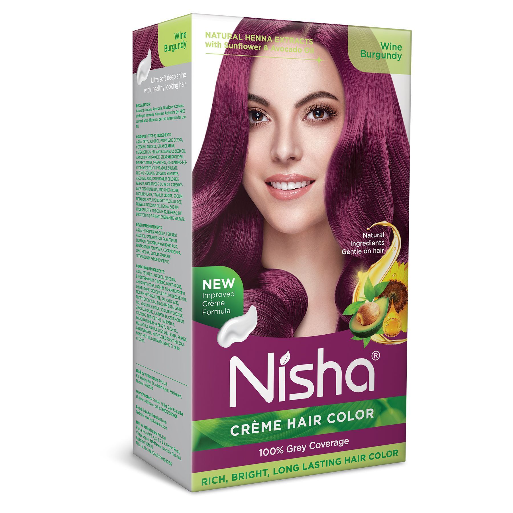 Nisha Creme Hair Color Wine Burgundy 120g, Permanent Hair Colour with Henna Extracts, 100% Grey Coverage