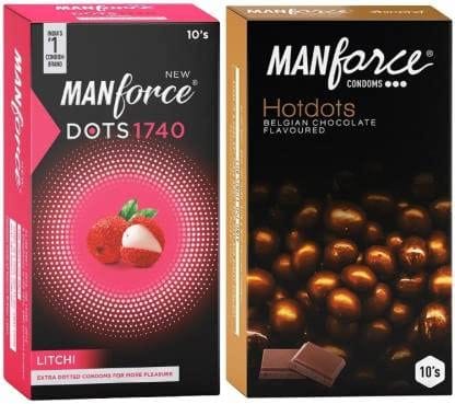 MANFORCE Extra Dotted Litchi Flavoured Condoms - 10 Pieces & Premium Hotdots Belgian Chocolate Condoms with Bigger Dots - 10 Pieces Condom (Set of 2 20 Sheets)