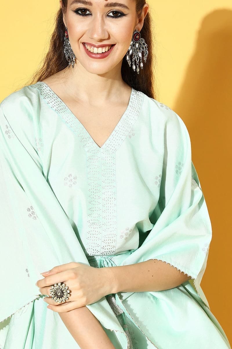 Sea Green Polyester Woven Design Kaftan Set VKAFSET1007