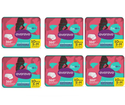 Evereve Ultra Absorbent Disposable Period Panties,S-M,6X10'S Pack,0% Leaks,Sanitary Protection For Women&Girls,Maternity Delivery Pads,360 Protection,Postpartum&Overnight Use,Heavy Flow,Pack Of 60