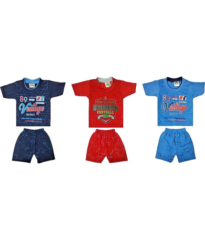 Paryag Pack of 3 Boys Cotton Blend T-Shirt & Shorts Set ( Multicolor )