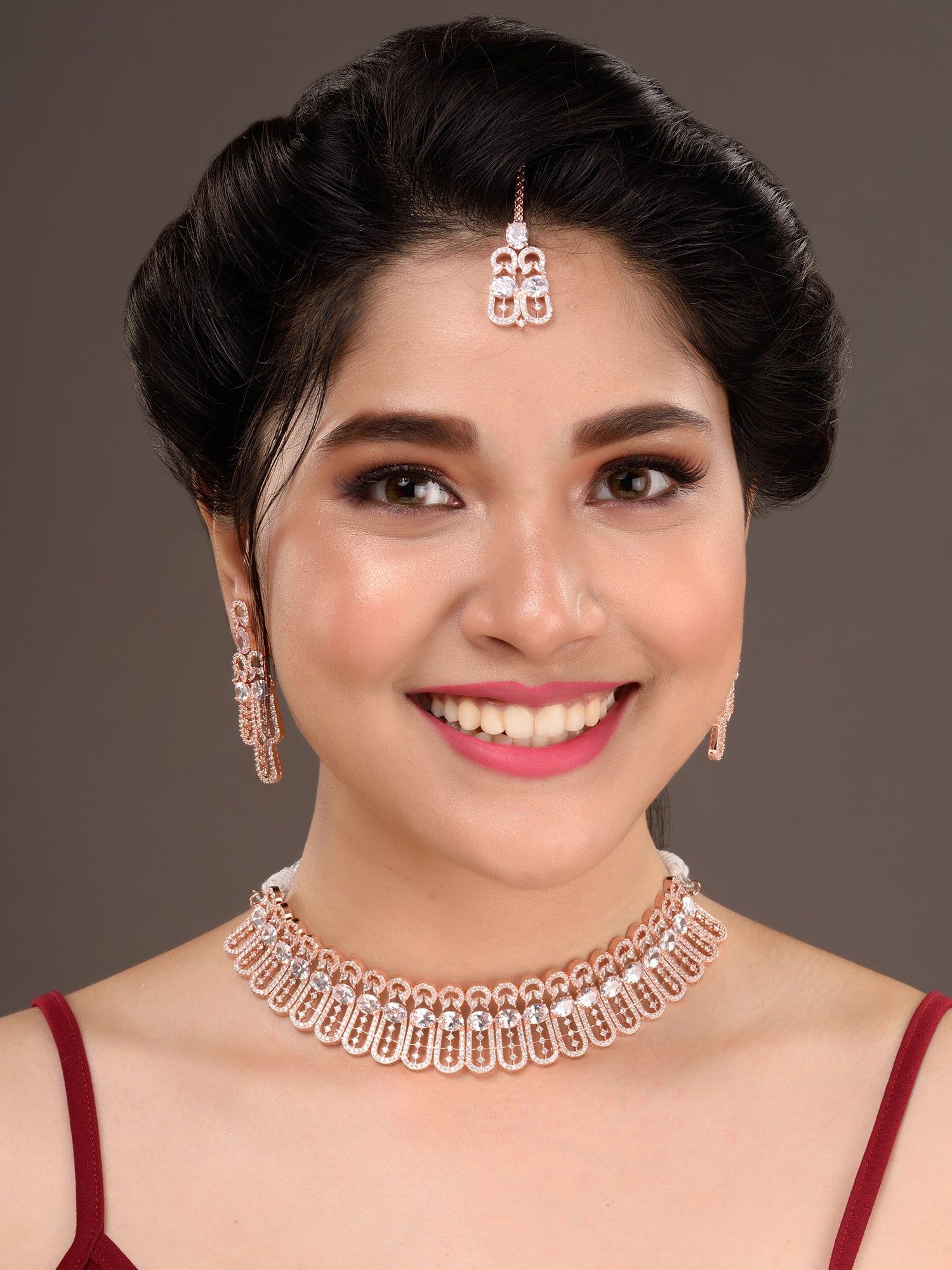 Rose Gold Plated White AD Studded Designer Choker Jewellery Set Mang Tika