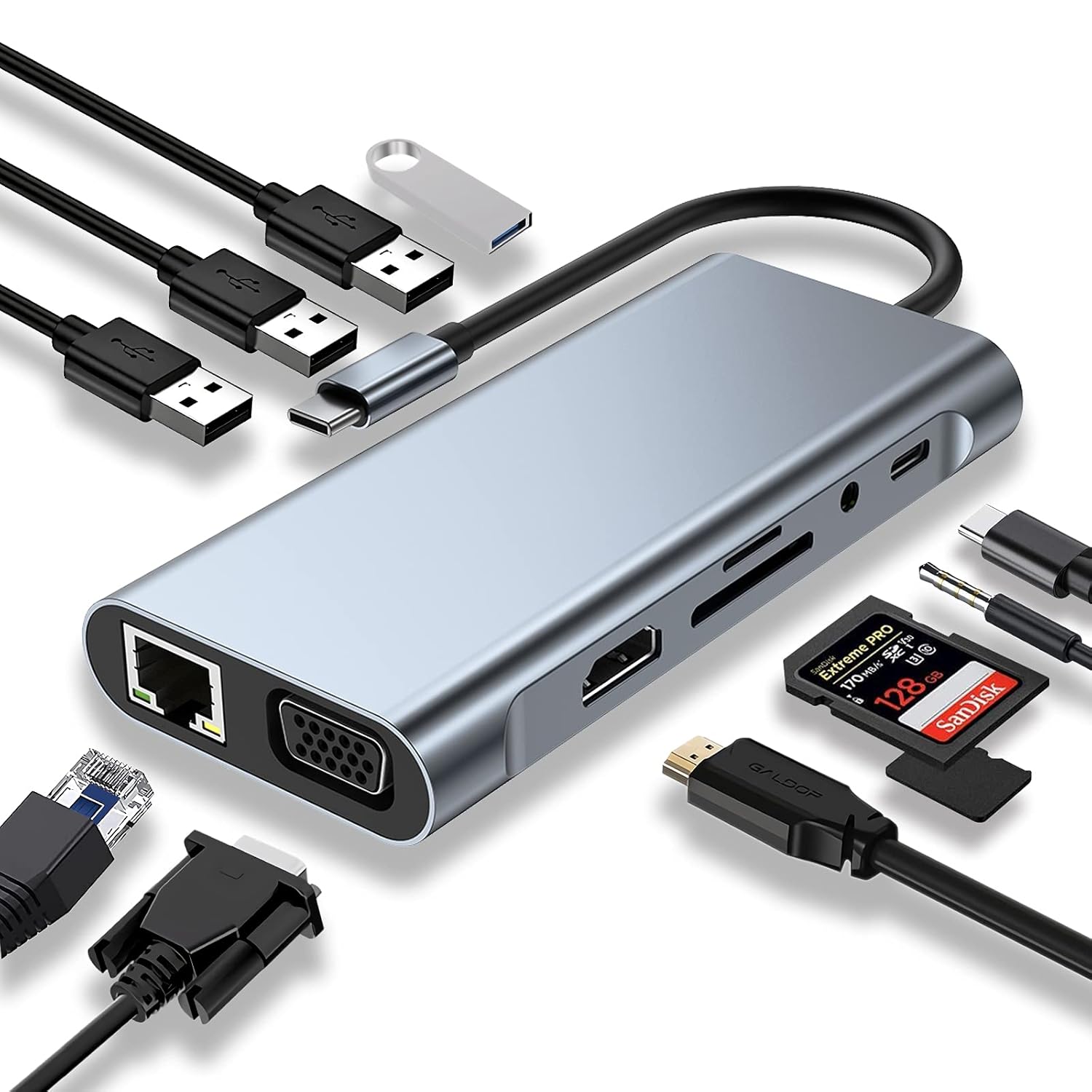ABC Usb C Hub,Usb C Adapter 11 In 1 Dongle With 4K Hdmi,Vga,Type C Pd,Usb3.0,Rj45 Ethernet,Sd/Tf Card Reader