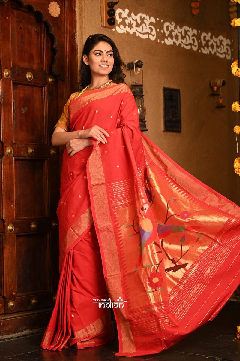 Dhun ~ Authentic Handloom Cotton Paithani - Red and Golden with 3 Parrots Pallu
