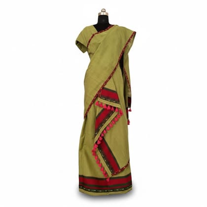 Olive Green Handloom Inspired Saree with Maroon Border and Tassels