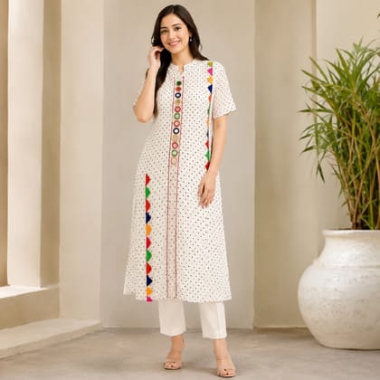 Premium White Cotton Mirror Work Kurti  Ethnic Printed Straight Tunic