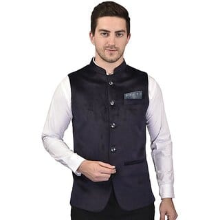 PrintCulture Men Solid Blue Cotton Blend Nehru Jacket