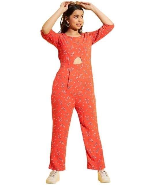 Girl's Polyester Floral 3/4th Sleeve Jumpsuit