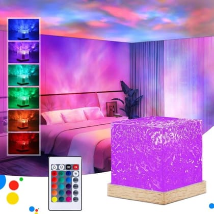 WUGO::Romantic Projector Warm Ocean Wave Water Sixteen LED Night Light Projector 3D Water Wave Effect, Remote Control USB Crystal Table Lamp for Home Decor, Bedroom & Gift, Multicolor Light (Cube Shape)