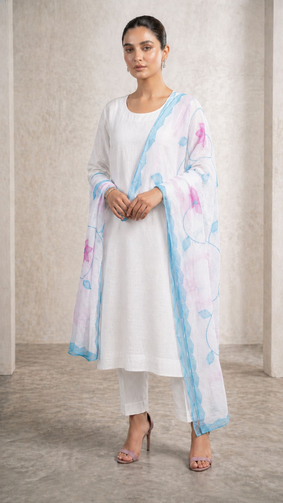 Cotton Dupatta – Off White with Sky Blue & Pink Floral Embroidery