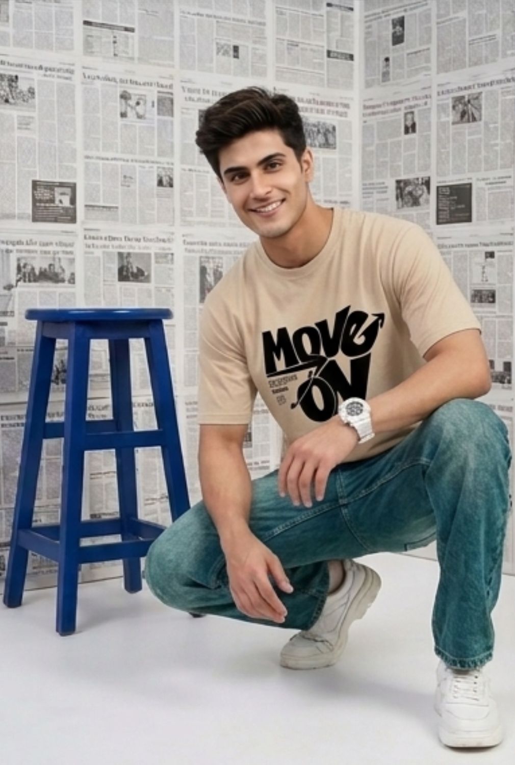 Hue Nox Men's Beige Move On Graphic Regular Fit T-Shirt