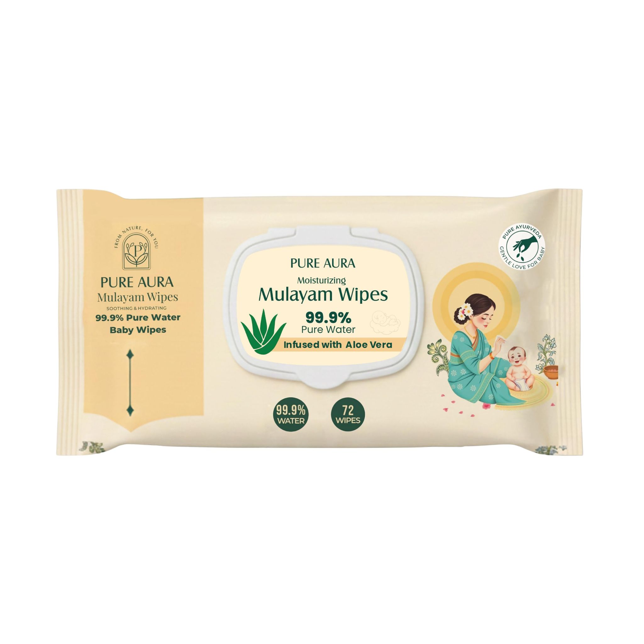 Pure Aura Baby Wipes with 99.9% Pure Water | Ultra Soft & Thick | Natural Plant-Based | Infused with Aqua & Aloe Vera | Gentle & Safe for Newborns