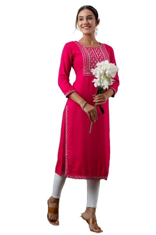Women's Casual 3/4th Sleeve Embroidered Viscose Rayon Kurti (Red, S)-PID46918