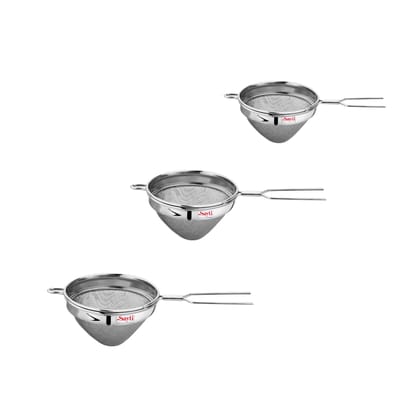 RK Sayti Stainless Steel Conical Strainer, 304 Grade Double Mesh, Premium Polish, Medium,Large,XL Pack of 3