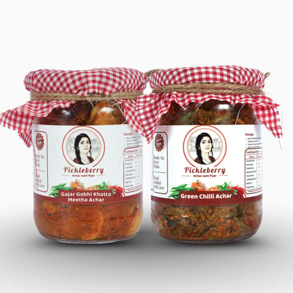Pickleberry Gobhi Gajar Khatta Meetha + Green Chilli Achar Combo | Handmade | 1 KG (2 � 500g) Pickleberry Gobhi Gajar Khatta Meetha + Green Chilli Achar Combo | Handmade | 1 KG (2 � 500g)