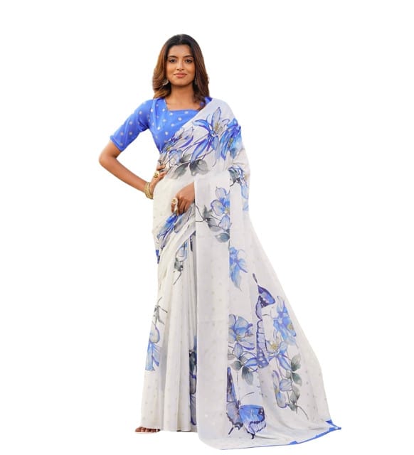Generic Women's Georgette Floral & Butterfly Printed Saree with Unstitched Blouse Piece, Soft Lightweight 5.5 m Sari for Daily, Casual and Wear (Off White-Blue, Design 67621)