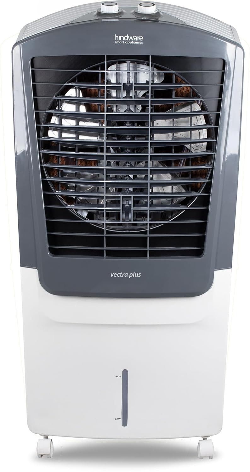 Hindware Smart Appliances Vectra Plus 70L, Desert Air Cooler with Woodwool Pads, Inverter Compatible, Castor wheels and motorized air flow control & High Air Delivery - White & Grey