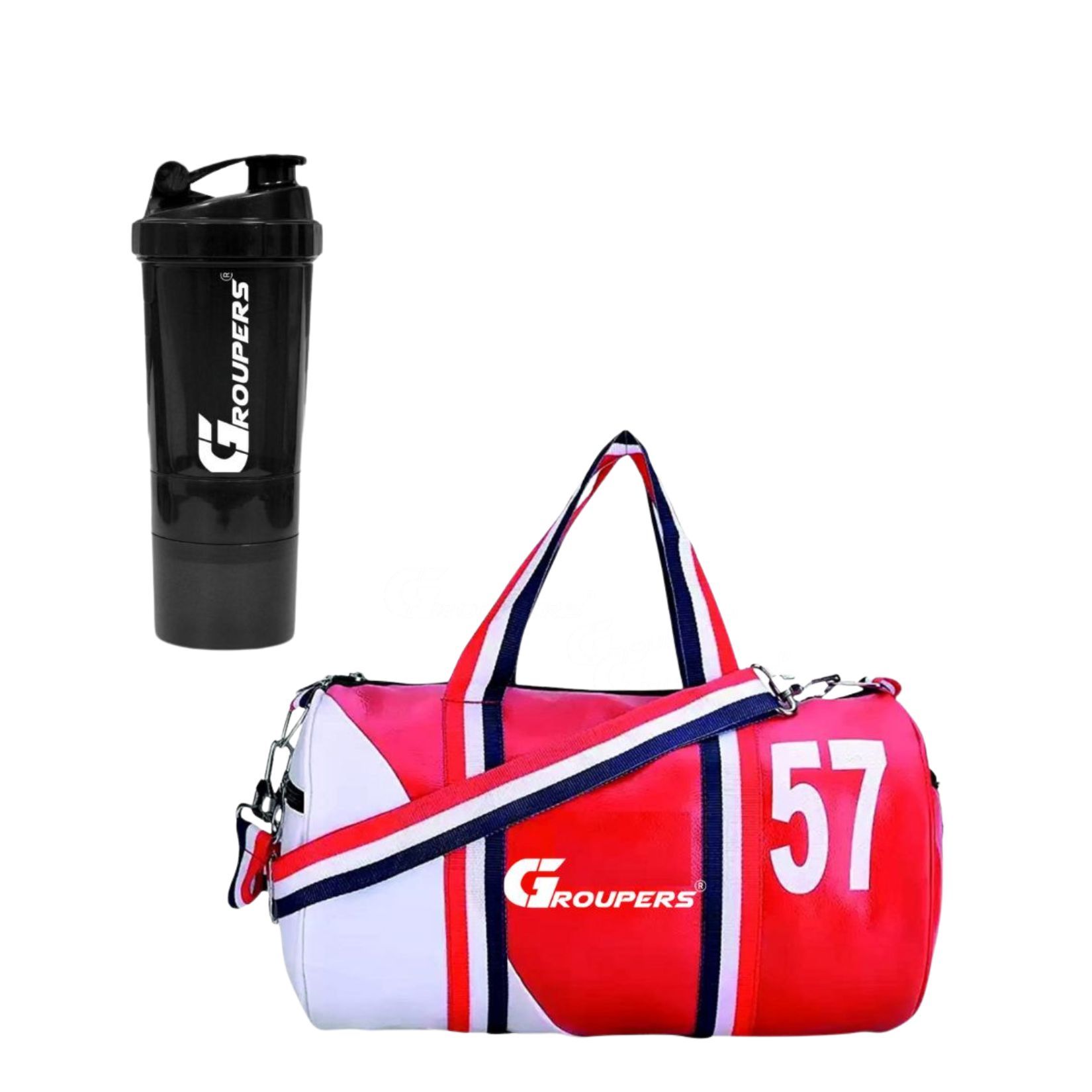 GROUPERS Duffle PU Leather Bag with Shaker Bottle-500mllSports & Travel BaglSports Kitl (Red White)