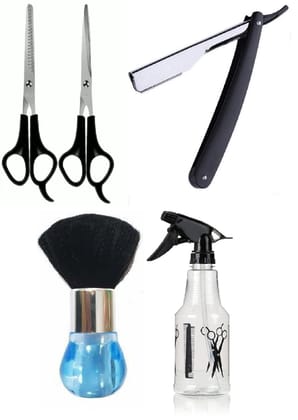 Elecsera Hair Cutting Neck Face Duster Brush +Spray Bottle +Barber's Design Plastic Handle Razor +Hair Cutting Scissors (5 Items in the set)