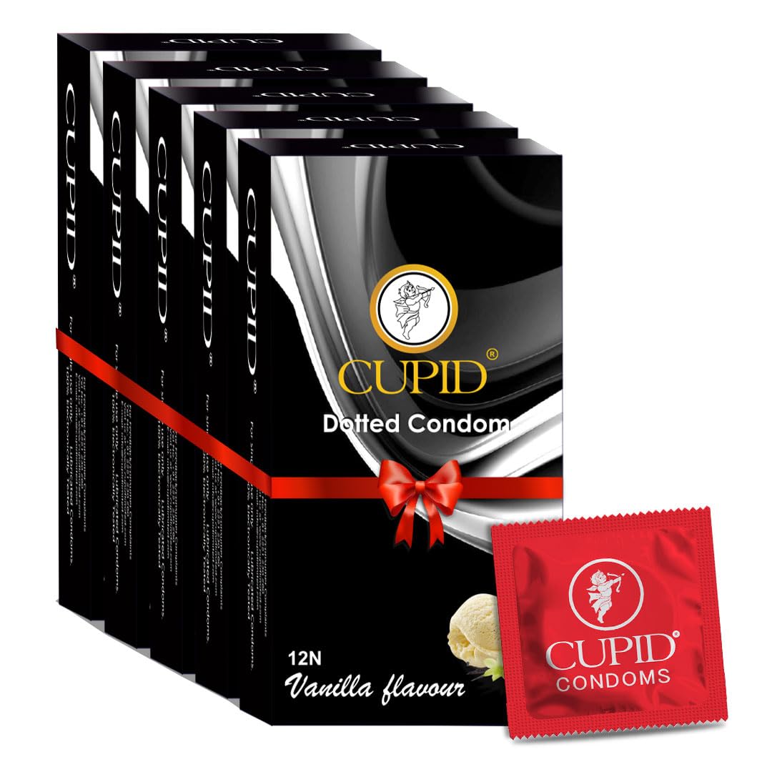 Cupid Dotted & Flavoured Condoms Vanilla Flavour (Pack of 5) | Lubricated & Multitextured Condoms | For Her Enhanced Pleasure | Pack of 5, 12 Pcs Each