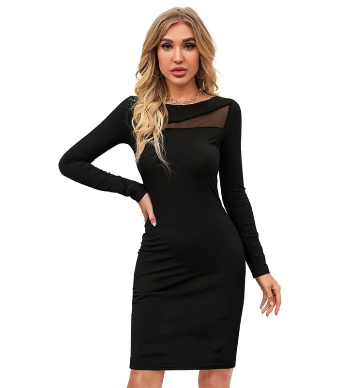 Women's Knitting Stretchable Solid Round Neck Full Sleeve Dresses (Black, S)-PID56781