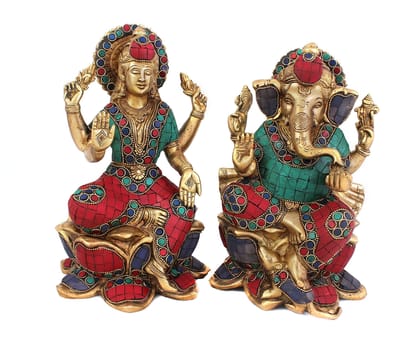 Arihant Craft� Hindu God Lakshmi Ganesha Idol Ganesh Laxmi Statue Sculpture Turquoise Gem Stone Hand Work Showpiece � 25.5 cm (Brass, Multicolour)