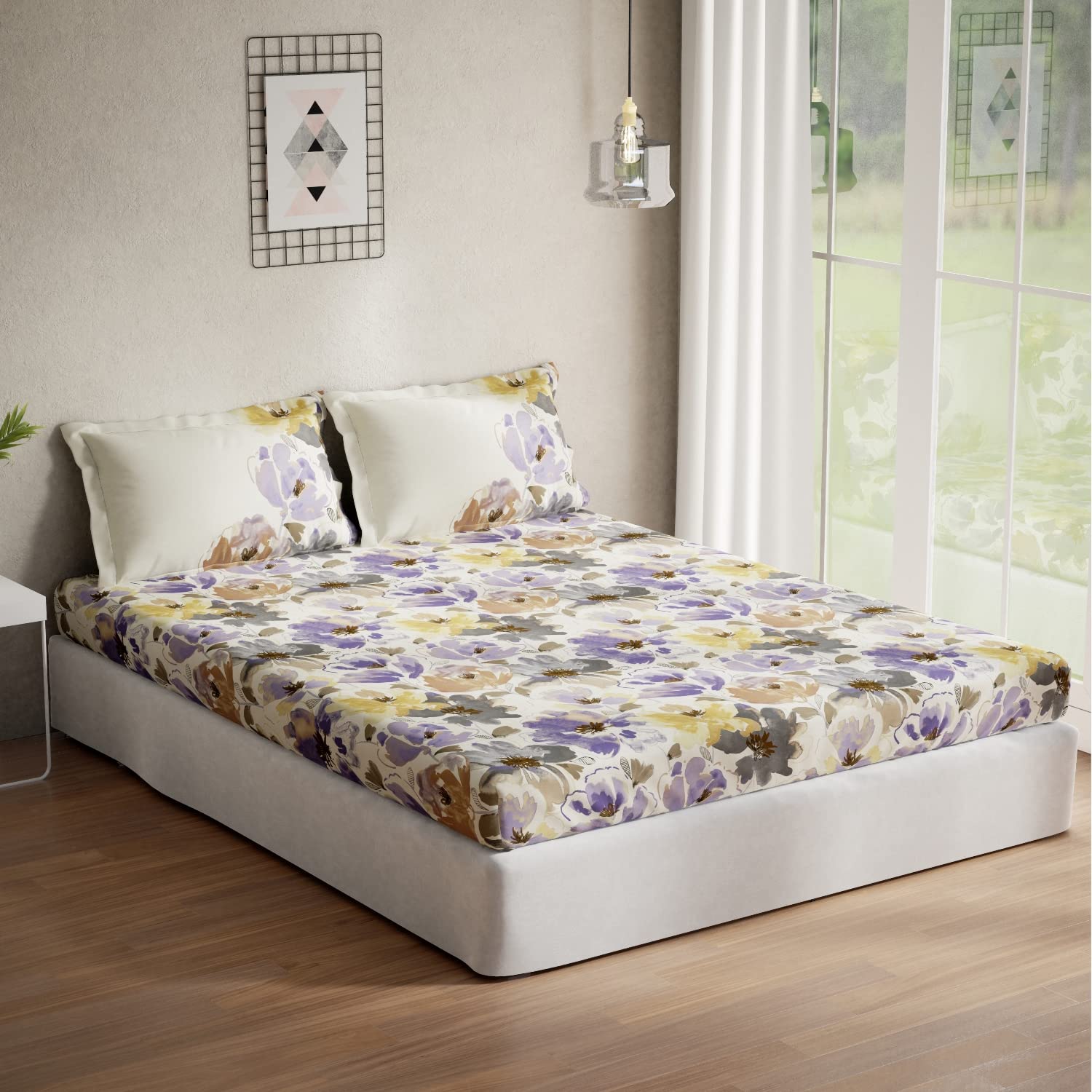 DDECOR - Optima Collection 100% Cotton Floral Pattern 136TC Queen Bedsheet |224 CM X 254 CM| with 2 Pillow Covers - Purple
