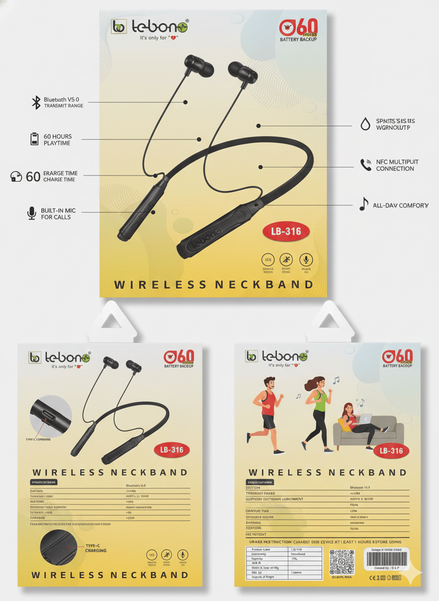 Wireless Neckband Headset with 60H Playtime Bluetooth 5.3 Earphones with Deep Bass & Mic