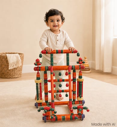 Handcrafted Lacquerware Wooden Baby Walker- Large