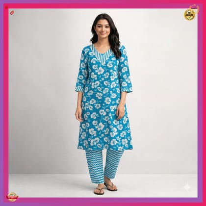 Women Blue Floral Printed Kurti Pant Set | Soft Cotton Blend | 3/4 Sleeve Casual & Office Wear Ethnic Set Women Blue Floral Printed Kurti Pant Set | Soft Cotton Blend | 3/4 Sleeve Casual & Office Wear Ethnic Set