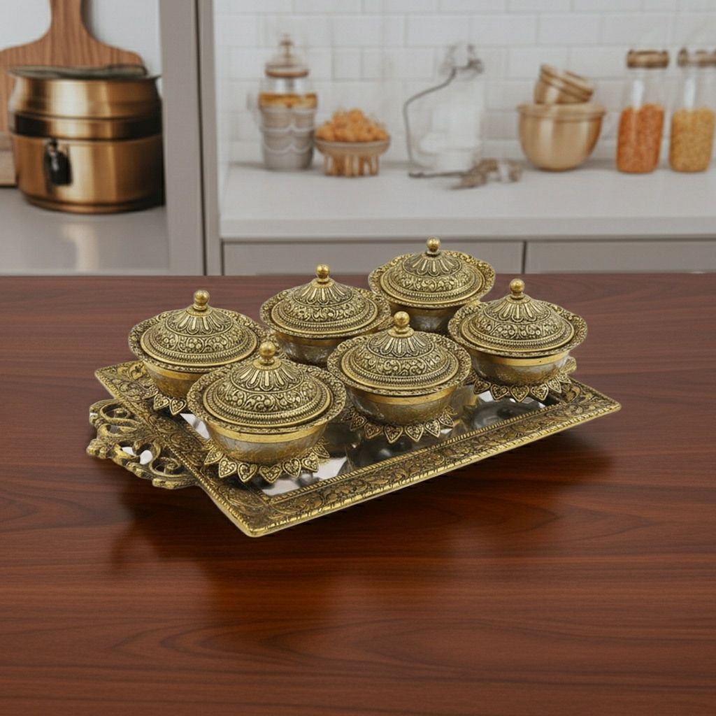 Aluminium Bowl Set with Tray (6 Pieces) | Premium Serving Set, Height : 1 Inch (ASMAS538 C)