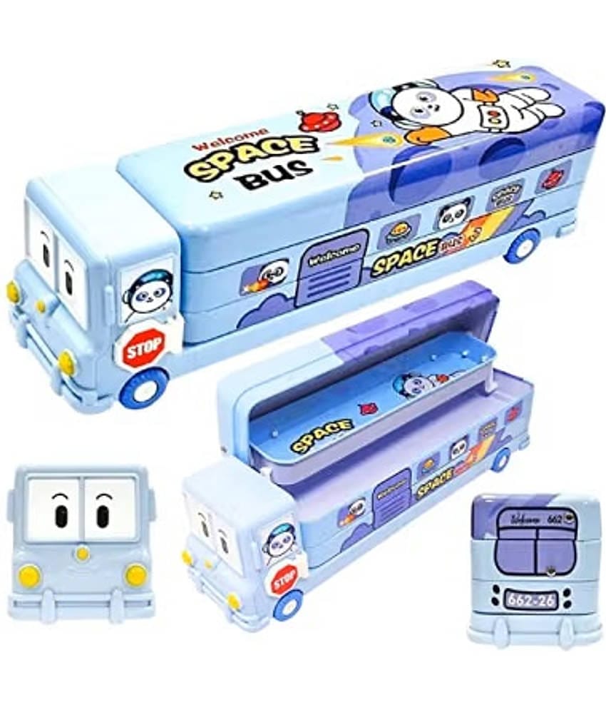 FSN School Bus Pencil Box Boys - Compass Box with Wheel / Stylish School Bus Geometry Box for Boys / Car Pencil Box Set Bu