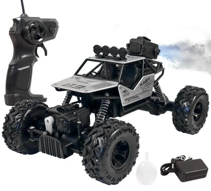 Toyshine 1:16 Scale 27MHZ Rock Crawler Monster RC Truck with Booster Spray Function All Terrain Stunt Racing Car Rechargeable Indoor Outdoor Toy Car - Silver