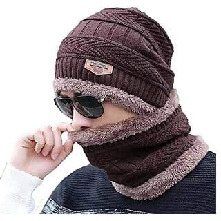 Snow Proof Inside Fur Wool Unisex Beanie Cap with Neck Warmer Winter Hat for Men Women (Multi Color)