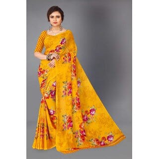 SVB Sarees Womens Yellow Colour Georgette Printed Saree With Blouse Piece