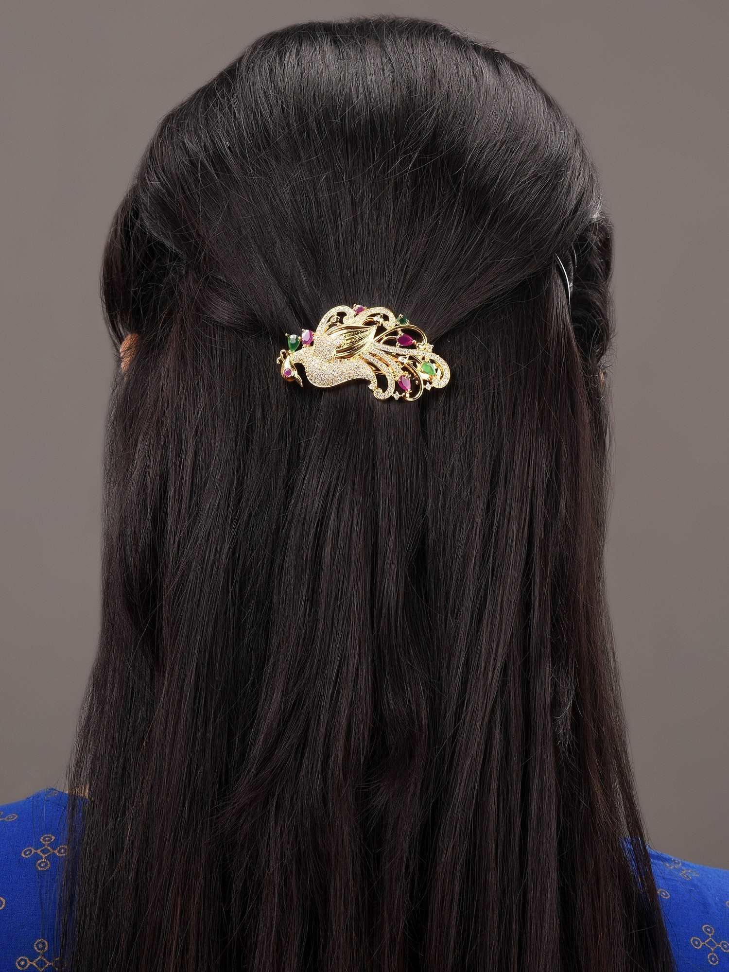 Gold Plated Red & Green Peacock Hair Claw Clip