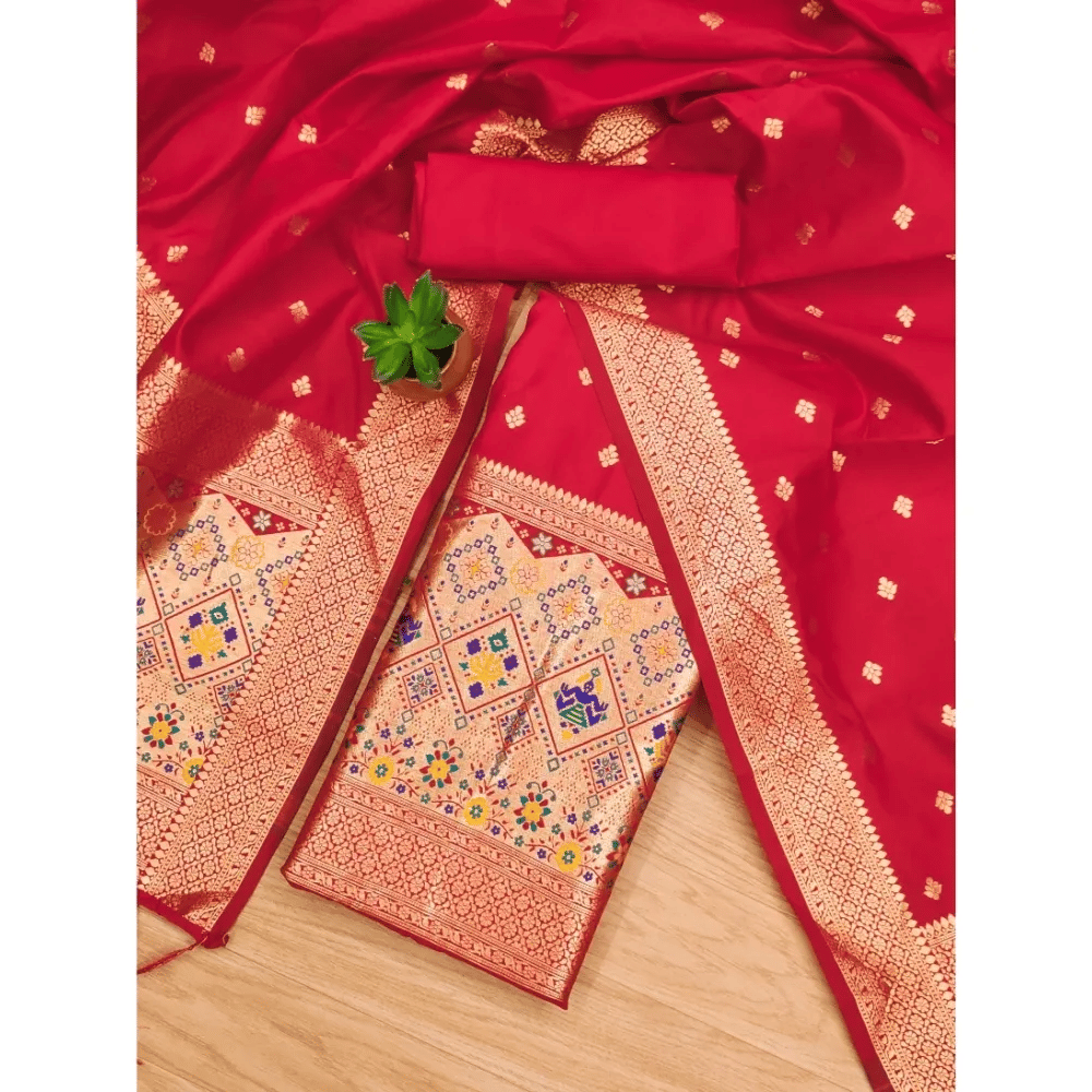 Generic Women's Banarasi Silk Printed Unstitched Salwar Suit Material With Dupatta (Red, 3Mtrs)
