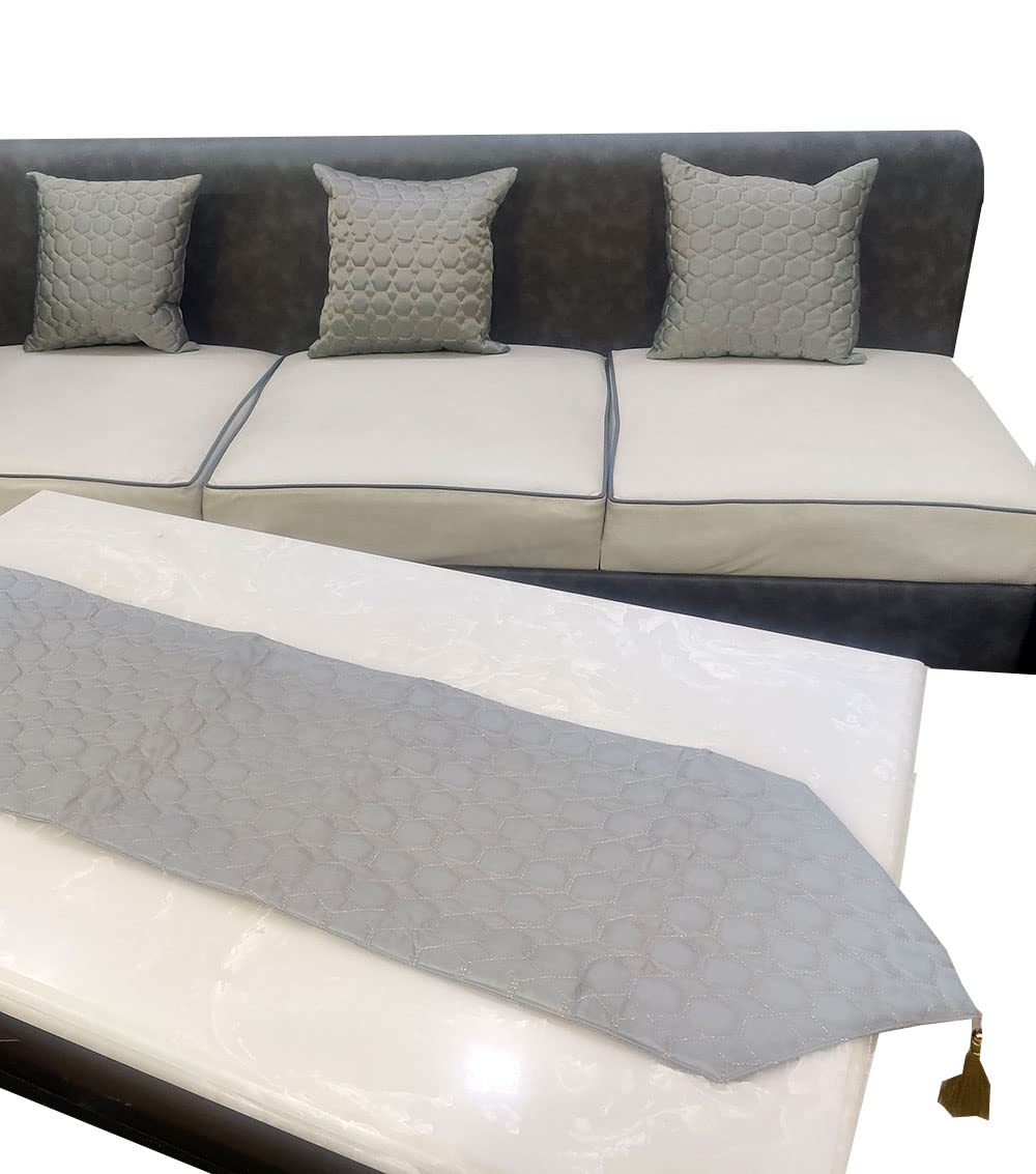 GOODVIBES Grey Silver Woven 3 Square Quilted Cushion Cover and 1 Table Runner Combo Luxury Modern Pillow Cover for Sofa Living Room Bedroom |16X16 Inch I12 X 59 Inch Table Runner