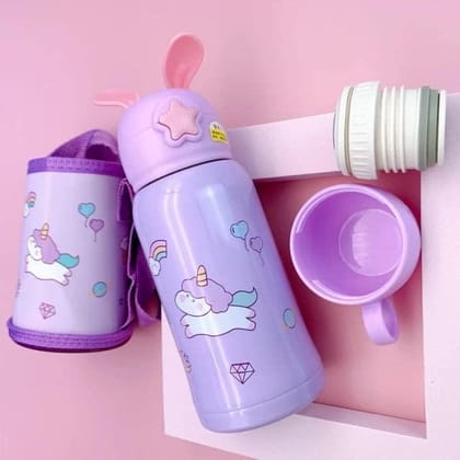 Cartoon Printed - Sipper Water Bottle with Straw & Cover for Children - Stainless Steel Flask 500 ML (Purple)
