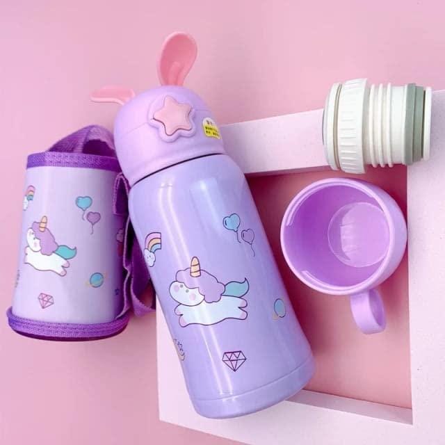 Cartoon Printed - Sipper Water Bottle with Straw & Cover for Children - Stainless Steel Flask 500 ML (Purple)
