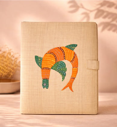 Handcrafted Traditional Gond Art Fabric File Folder – Colourful Fish Motif Handcrafted Traditional Gond Art Fabric File Folder – Colourful Fish Motif