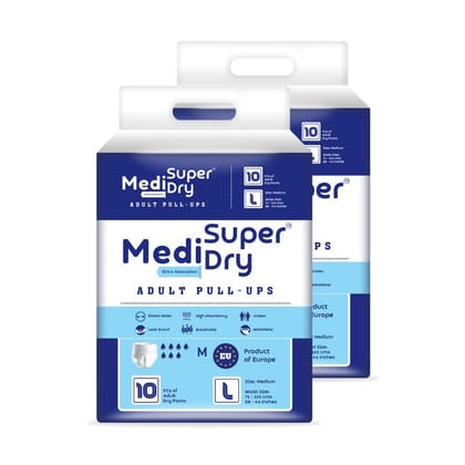 Medisuperdry Adult Diaper Pants | Large (L) |Waist 101-152 cm (40-60 inches) |High Absorbency -10 Hrs |Rash-Free |Leakproof |Breathable |Odourless |Elastic Waist |For Men & Women | 20 Units, Pack