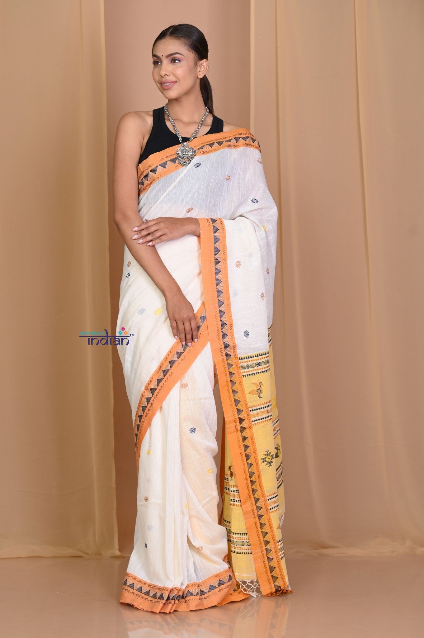 Pehal~ Authentic Khadi White Cotton Saree with yellow Border & Aesthetic Pallu