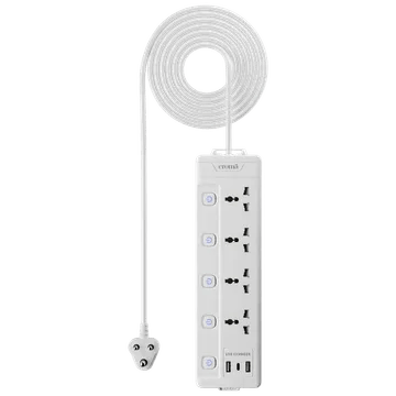 Croma 6 Amps 4 Sockets Surge Protector (2 Meters, Child Safety Shutters,White)